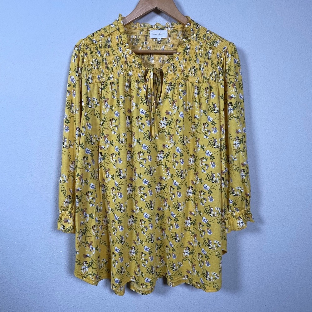 Melloday‎ Floral Smocked Blouse Cottagecore 3X Yellow Boho Ruffle 3/4 Sleeve Top
